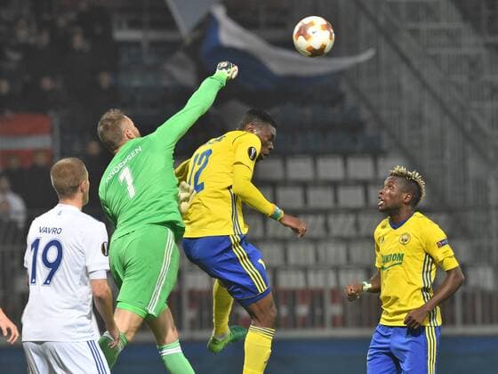 L-R Denis Vavro and goalkeeper Stephan Andersen of Copenhagen and Ibrahim Benjamin Traore and Ubong Moses Ekpai of Zlin in action during the 3rd round, group F, European League soccer match FC Fastav Zlin vs FC Copenhagen in Olomouc, Czech Republic, on October 19, 2017. (CTKxPhoto LudekxPerina) CTKPhotoP201710191074301  DSC_3040