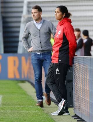 Wiesbaden Soccer World Cup Women Qualification Germany vs Iceland from left Freyr Alexandersson Coach Iceland Steffi Jones Germany