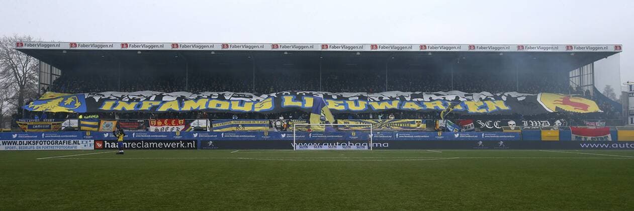 LEEUWARDEN Football Eredivisie Cambuur Stadium season 2014 2015 15 02 2015 SC Cambuur SC Heerenveen atmosphere image North stand supporters Cambuur Heerenveen