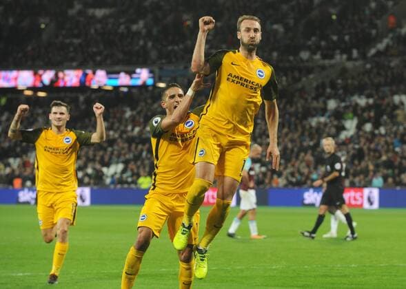 Football - 2017 2018 Premier League - West Ham United vs. Brighton & Hove Albion Glenn Murray of Brighton celebrates his second goal from the penalty spot with Anthony Knockaert at The London Stadium. COLORSPORT ANDREW COWIE 