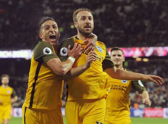Football - 2017 2018 Premier League - West Ham United vs. Brighton & Hove Albion Glenn Murray of Brighton celebrates his second goal from the penalty spot with Anthony Knockaert at The London Stadium. COLORSPORT ANDREW COWIE 