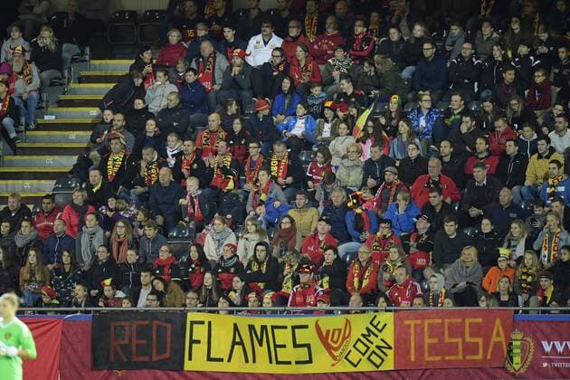 LEUVEN, BELGIUM - OCTOBER 20 : Illustration picture showing supporters of Tessa Wullaert forward of Belgium during the Women s 2019 World Cup Qualifier Group F match between Belgium and Romania at the Den Dreef Stadium on October 20, 2017 in Leuven, Belgium, 20 10 2017 FOOTBALL : Belgique vs Roumanie - Qualification Coupe du Monde Femine 2019 - 21 10 2017 PhotoNews Panoramic 