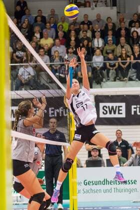 Michaela Wessely Black White Erfurt 11 at promotion Action action Volleyball 1 Bundesliga Women Black and White Erfurt 1 VC Wiesbaden xprx