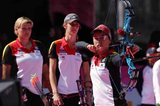 Germany s team mambers Kristina Heigenhauser, Velia Schall and Janine Meissner compete against Korea for the bronze medal during the World Archery Championships 2017 female compound bow outdoor event in Mexico City, Mexico, 21 October 2017. World Archery Championships in Mexico City !ACHTUNG: NUR REDAKTIONELLE NUTZUNG!  Copyright: xJoséxMéndezx CMX002 20171021-636442186984342190