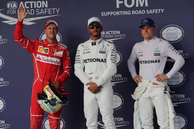 21.10.2017 - Qualifying, 2nd place Sebastian Vettel (GER) Scuderia Ferrari SF70H, Lewis Hamilton (GBR) Mercedes AMG F1 W08 pole position and 3rd place Valtteri Bottas (FIN) Mercedes AMG F1 W08 United States Grand Prix, Austin 19 - 22 October 2017 21.10.2017 - Qualifying, 2nd place Sebastian Vettel (GER) Scuderia Ferrari SF70H, Lewis Hamilton (GBR) Mercedes AMG F1 W08 pole position and 3rd place Valtteri Bottas (FIN) Mercedes AMG F1 W08 