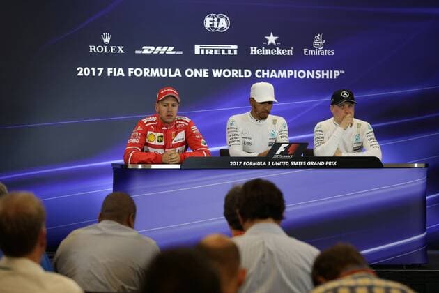 21.10.2017 - Qualifying, press conference PK Pressekonferenz Sebastian Vettel (GER) Scuderia Ferrari SF70H, Lewis Hamilton (GBR) Mercedes AMG F1 W08 and Valtteri Bottas (FIN) Mercedes AMG F1 W08 United States Grand Prix, Austin 19 - 22 October 2017 21.10.2017 - Qualifying, Press conference, Sebastian Vettel (GER) Scuderia Ferrari SF70H, Lewis Hamilton (GBR) Mercedes AMG F1 W08 and Valtteri Bottas (FIN) Mercedes AMG F1 W08 