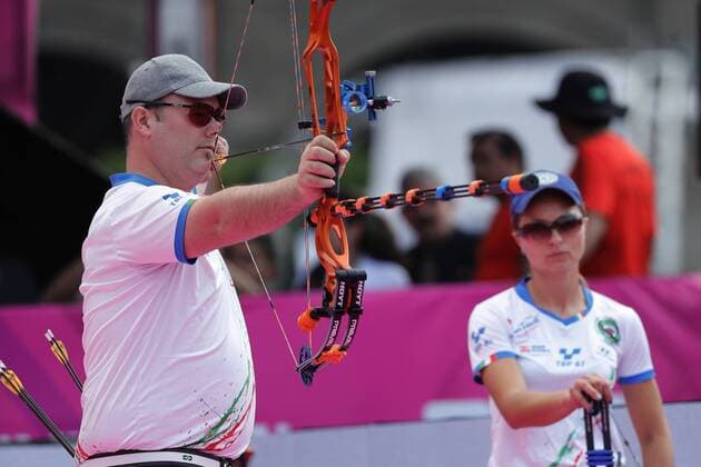 Bogenschießen, WM in Mexiko Italian duo formed by Irene Franchini and Sergio Pagni competes before Netherlands for the bronze medal during the mixed composite bow competition of the 2017 World Archery Championships, in Mexico City, Mexico, 21 October 2017. 2017 World Archery Championships in Mexico City !ACHTUNG: NUR REDAKTIONELLE NUTZUNG!  Copyright: xJosexMendezx MEX01 20171022-636442405202729716