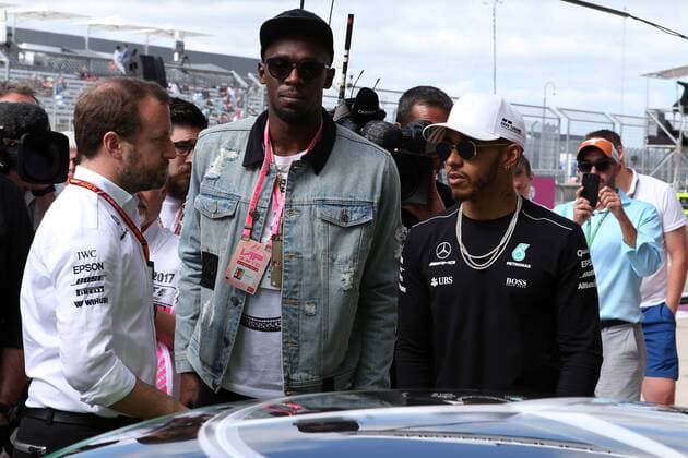 22.10.2017 - Usain Bolt (USA) and Lewis Hamilton (GBR) Mercedes AMG F1 W08 United States Grand Prix, Austin 19 - 22 October 2017 22.10.2017 - Usain Bolt (USA) and Lewis Hamilton (GBR) Mercedes AMG F1 W08 