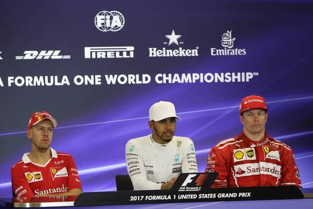 22.10.2017 - Race, press conference PK Pressekonferenz Sebastian Vettel (GER) Scuderia Ferrari SF70H, Lewis Hamilton (GBR) Mercedes AMG F1 W08 and Kimi Raikkonen (FIN) Scuderia Ferrari SF70H United States Grand Prix, Austin 19 - 22 October 2017 22.10.2017 - Race, Press conference, Sebastian Vettel (GER) Scuderia Ferrari SF70H, Lewis Hamilton (GBR) Mercedes AMG F1 W08 and Kimi Raikkonen (FIN) Scuderia Ferrari SF70H 