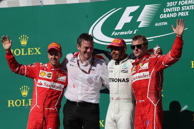22.10.2017 - Race, 2nd place Sebastian Vettel (GER) Scuderia Ferrari SF70H, James Allison (GBR) Mercedes AMG F1, Technical Director, Lewis Hamilton (GBR) Mercedes AMG F1 W08 race winner and 3rd place Kimi Raikkonen (FIN) Scuderia Ferrari SF70H United States Grand Prix, Austin 19 - 22 October 2017 22.10.2017 - Race, 2nd place Sebastian Vettel (GER) Scuderia Ferrari SF70H, James Allison (GBR) Mercedes AMG F1, Technical Director, Lewis Hamilton (GBR) Mercedes AMG F1 W08 race winner and 3rd place Kimi Raikkonen (FIN) Scuderia Ferrari SF70H 