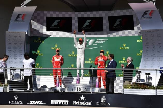 Motorsports: FIA Formula One World Championship WM Weltmeisterschaft 2017, Grand Prix of United States, Usain Bolt, 5 Sebastian Vettel (GER, Scuderia Ferrari), 44 Lewis Hamilton (GBR, Mercedes AMG Petronas F1 Team), 7 Kimi Raikkonen (FIN, Scuderia Ferrari), Austin United States of America