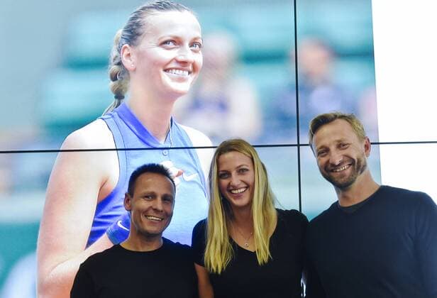 L-R fitness coach David Vydra, Czech tennis player Petra Kvitova and coach Jan Vanek pose during the press conference PK Pressekonferenz after the season, in Prague, Czech Republic, on October 24, 2017. (CTKxPhoto VitxSimanek) CTKPhotoP201710240606101  VIS 003