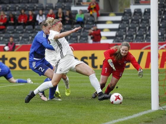 Alexandra Popp GER scores the goal by 1 0 for Germany Right Monika Biskopstö FRO Germany Faroe Islands Football International Friendlies 2017 World Cup Qualification Großaspach GER 24 10 2017