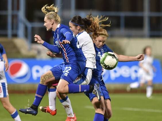 L-R Rakel Honnudottir of Iceland, Eva Bartonova of Czech and Glodis Viggosdottir of Iceland in action during the women s World Cup qualification soccer match between Germany and Iceland in Znojmo, Czech Republic, on Monday, October 24, 2017. (CTKxPhoto LubosxPavlicek) CTKPhotoP201710241054701  PAV 9