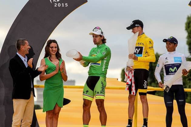 Paris 26 07 2015 cycling stage 21 Sevres Paris the four sweaters from the Tour the France 2015 Yellow sweater and bolletjestrui in front of Chris Froome middle White sweater young people classement in front of Nairo Quintana right and the green sweater jump classification in front of Peter Story left Tour the France stage 21
