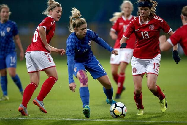 CRO vs DEN womens football - Zapresic, Croatia 24.10.2017., Zapresic, Croatia - Women s world cup qualification s UEFA match with Denmark, Group 4 at stadium in Zapresic. Denmark won 4:0. Monika Conjar, Sofie Pedersen, Nanna Christiansen.  IgorxKralj PIXSELL
