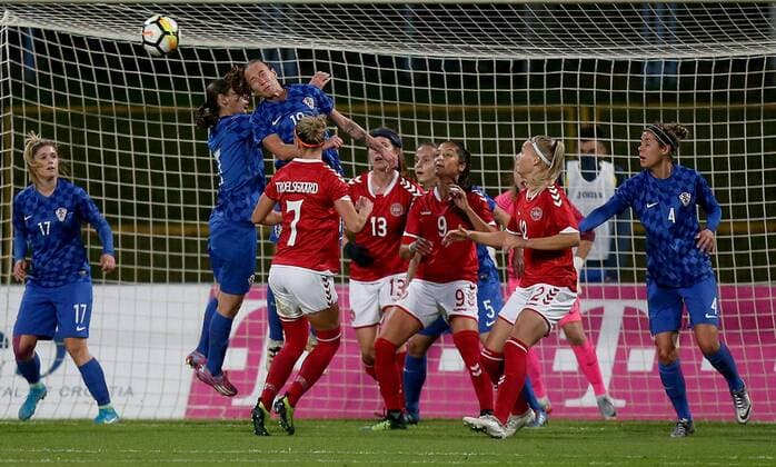 CRO vs DEN womens football - Zapresic, Croatia 24.10.2017., Zapresic, Croatia - Women s world cup qualification s UEFA match with Denmark, Group 4 at stadium in Zapresic. Denmark won 4:0. Sandra Zigic, Izabela Lojna.  IgorxKralj PIXSELL