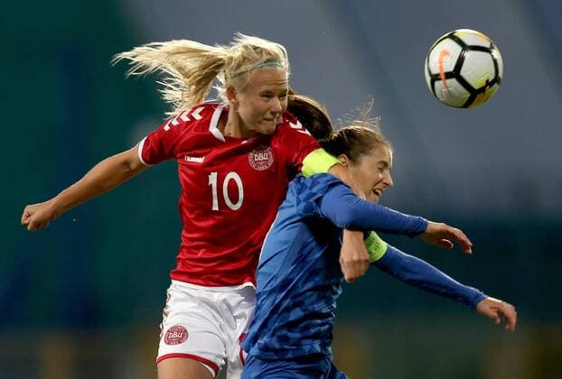 (171025) -- ZAPRESIC, Oct. 25, 2017 -- Iva Landeka (R) of Croatia vies with Pernille Harder of Denmark during their FIFA Women s World Cup qualifying match in Zapresic, Croatia, on Oct. 24, 2017. Denmark won 4-0. ) (SP)CROATIA-ZAPRESIC-FIFA WOMEN S WORLD CUP QUALIFICATION-CRO VS DEN IgorxKralj 