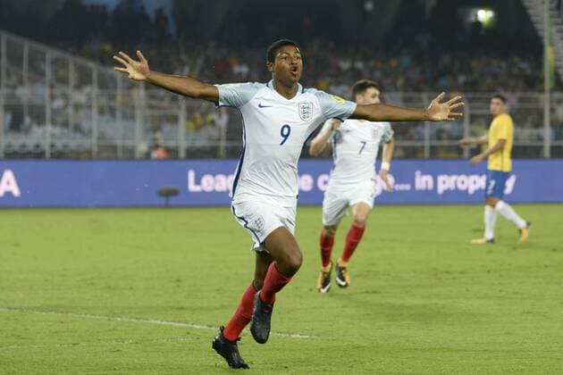 India: England and Brazil Semi Final match England Rhain Brewster (jersey 9) celebrates his goal during the FIFA U 17 World Cup India 2017 Semi Final match in Kolkata. Players of England and Brazil in action during the FIFA U 17 World Cup India 2017 Semi Final match on October 25, 2017 in Kolkata. Kolkata West Bengal India Kolkata  SaikatxPaulx xPacificxPress
