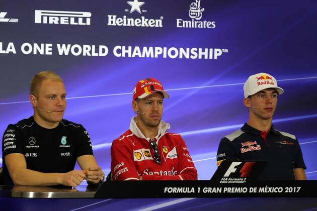 26.10.2017 - press conference PK Pressekonferenz Valtteri Bottas (FIN) Mercedes AMG F1 W08, Sebastian Vettel (GER) Scuderia Ferrari SF70H and Pierre Gasly (FRA) Scuderia Toro Rosso STR12 Mexican Grand Prix, Mexico City 26 - 29 October 2017 26.10.2017 - Press conference, Valtteri Bottas (FIN) Mercedes AMG F1 W08, Sebastian Vettel (GER) Scuderia Ferrari SF70H and Pierre Gasly (FRA) Scuderia Toro Rosso STR12 