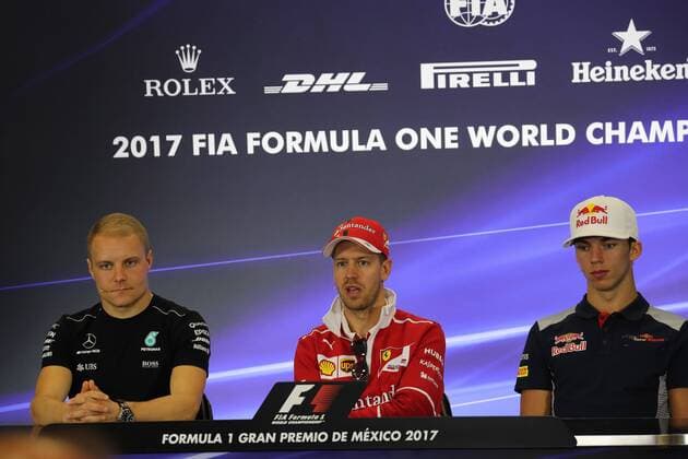 26.10.2017 - press conference PK Pressekonferenz Valtteri Bottas (FIN) Mercedes AMG F1 W08, Sebastian Vettel (GER) Scuderia Ferrari SF70H and Pierre Gasly (FRA) Scuderia Toro Rosso STR12 Mexican Grand Prix, Mexico City 26 - 29 October 2017 26.10.2017 - Press conference, Valtteri Bottas (FIN) Mercedes AMG F1 W08, Sebastian Vettel (GER) Scuderia Ferrari SF70H and Pierre Gasly (FRA) Scuderia Toro Rosso STR12 