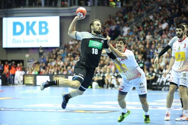 28 10 2017 xcsx Handball Laender match Men Germany Spain emspor v l Tim Kneule Germany is stopped by Valero Rivera Folch Spain Magdeburg