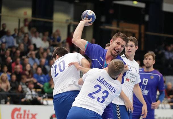 Robin Granlund 20, FIN and Sebastian Säkkinen 23, FIN tries to stop Timur Dibirov 31, RUS during their Handball Finland - Russia World Championship WM Weltmeisterschaft 2019 Qualification match in Energia Arena 28. October 2017 in Vantaa, Finland.  Copyright: xMattixMatikainenx NP24_00015044