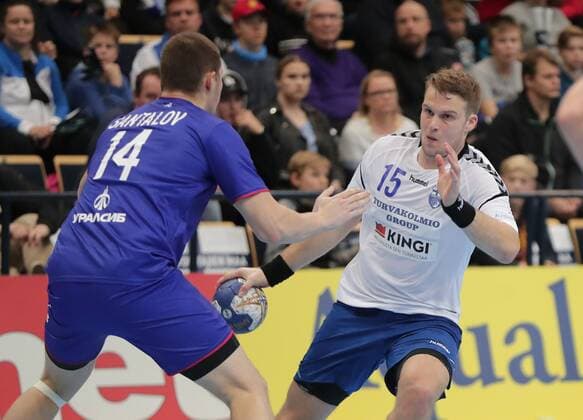 Dimitrii Santalov 14, RUS and Richard Sundberg 15, FIN during their Handball Finland - Russia World Championship WM Weltmeisterschaft 2019 Qualification match in Energia Arena 28. October 2017 in Vantaa, Finland.  Copyright: xMattixMatikainenx NP24_np24SPO2802100336