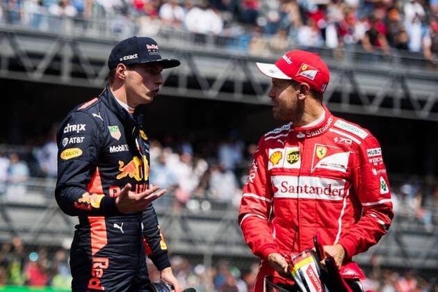 28.10.2017 - Qualifying, 2nd place Max Verstappen (NED) Red Bull Racing RB13 and Sebastian Vettel (GER) Scuderia Ferrari SF70H pole position Mexican Grand Prix, Mexico City 26 - 29 October 2017 28.10.2017 - Qualifying, 2nd place Max Verstappen (NED) Red Bull Racing RB13 and Sebastian Vettel (GER) Scuderia Ferrari SF70H pole position 