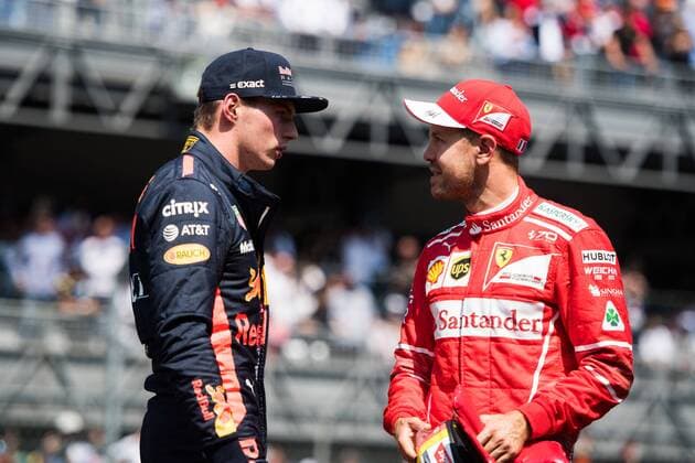 28.10.2017 - Qualifying, 2nd place Max Verstappen (NED) Red Bull Racing RB13 and Sebastian Vettel (GER) Scuderia Ferrari SF70H pole position Mexican Grand Prix, Mexico City 26 - 29 October 2017 28.10.2017 - Qualifying, 2nd place Max Verstappen (NED) Red Bull Racing RB13 and Sebastian Vettel (GER) Scuderia Ferrari SF70H pole position 