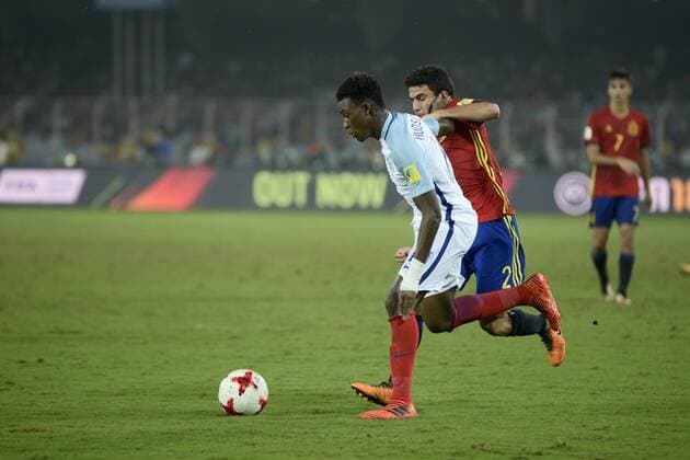 India: England wins FIFA U17 U 17 World Cup England Callum Hadson-Odoi (jersey 14) and Spain Mateu Jaume(jersey 2) in actions the FIFA U 17 World Cup India 2017 Final match in Kolkata. Player of England and Spain in action during the FIFA U 17 World Cup India 2017 Final match on October 28, 2017 in Kolkata. England wins FIFA U 17 World Cup 5 - 2 goals against Spain. Kolkata West Bengal India Kolkata  SaikatxPaulx xPacificxPress