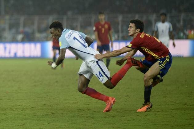 India: England wins FIFA U17 U 17 World Cup England Callum Hadson-Odoi (jersey 14) and Spain Mateu Jaume(jersey 2) in actions the FIFA U 17 World Cup India 2017 Final match in Kolkata. Player of England and Spain in action during the FIFA U 17 World Cup India 2017 Final match on October 28, 2017 in Kolkata. England wins FIFA U 17 World Cup 5- 2 goals against Spain. Kolkata West Bengal India Kolkata  SaikatxPaulx xPacificxPress