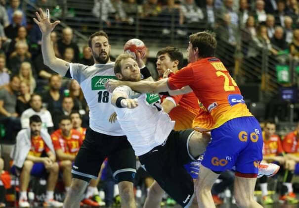 Tim Kneule Steffen Weinhold Viran Morros de Argila action match scene duel sports handball DHB national team men international match season 2017 2018 29 10 2017 GER BRDeutschland vs Spain SPA