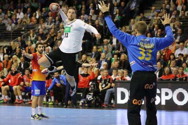 Germany Berlin Max Schmeling Halle Handball Mens National Team Season 2017 2018 Germany GER Spain ESP Hendrik Pekeler GER Gonzalo Perez de Vargas Morena ESP