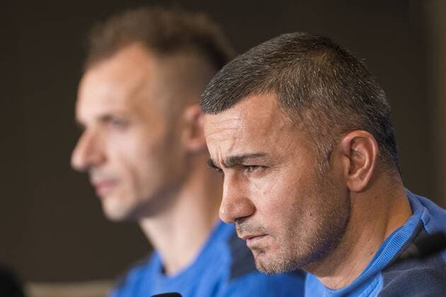 FK Qarabag Ansi Agolli and coach Gurban Gurbanov during press conference PK Pressekonferenz day before UEFA Champions League match between FK Qarabag and Atletico de Madrid at Wanda Metropolitano in Madrid, Spain. October 30, 2017.  (20171030026)