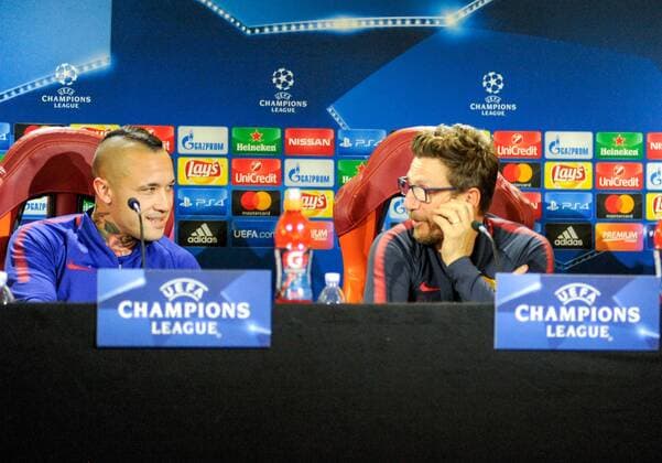 October 30th 2017, Rome, Italy; press conference PK Pressekonferenz for AS Roma before their Champions League game versus Chelsea on 31st October in Rome; Eusebio Di Francesco and Radja Nainggolan  ActionPlus11946460