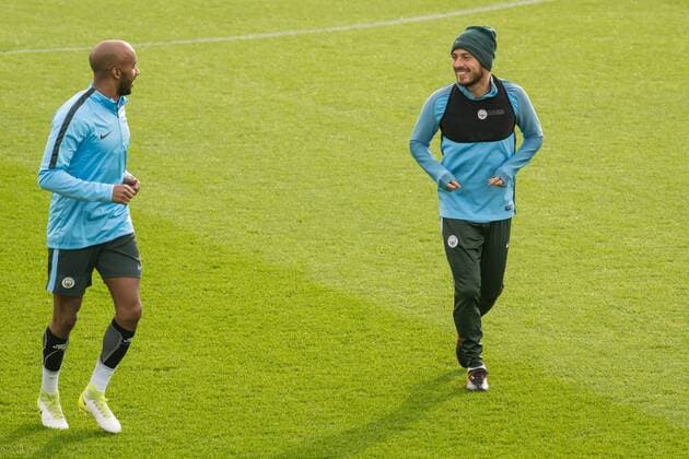 Manchester City Training David Silva (right) shares a joke with Eliaquim Mangala of Manchester City during the Manchester City training session ahead of their Champions League match at City Football Academy, Manchester Content Not Available For UK Newspapers Copyright: xMattxWilkinsonx FIL-10884-0005