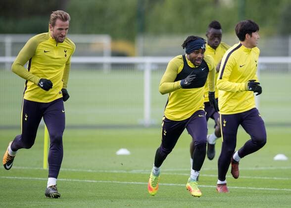 Harry Kane of Tottenham Hotspur, Danny Rose of Tottenham Hotspur and Son Heung-Min of Tottenham Hotspur during training on the eve of the UEFA Champions League match between Tottenham Hotspur and Real Madrid at Wembley Stadium, London, England on 31 October 2017. Copyright: xVincexMignottx 17450018