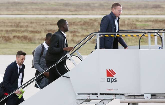 RB Leipzig Airport Champions League Leipzig 31 10 2017 Halle Leipzig Football UEFA Champions League Group G 4 Gameday FC Porto vs RB Leipzig RB Leipzig Team departure to Porto Pictured left Physiotherapist Alexander Sekora Goalkeeper Yvon Mvogo Ibrahima KonatŽ Konate and Sporting Director Ralf Rangnick all RB Leipzig