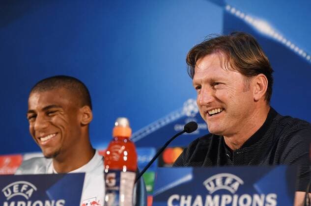 FOOTBALL CHAMPIONS LEAGUE SEASON 2017 2018 GROUP PHASE FC Porto RB Leipzig 31 10 2017 Press Conference RB Leipzig Coach Ralph Hasenhuettl re and Bernardo Fernandes da Silva Junior li Porto