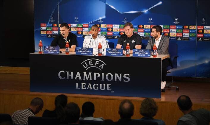 FOOTBALL CHAMPIONS LEAGUE SEASON 2017 2018 GROUP PHASE FC Porto RB Leipzig 31 10 2017 Press Conference RB Leipzig Press Officer Benjamin Ippoliti Coach Ralph Hasenhuettl and Bernardo Fernandes da Silva Junior v left Porto