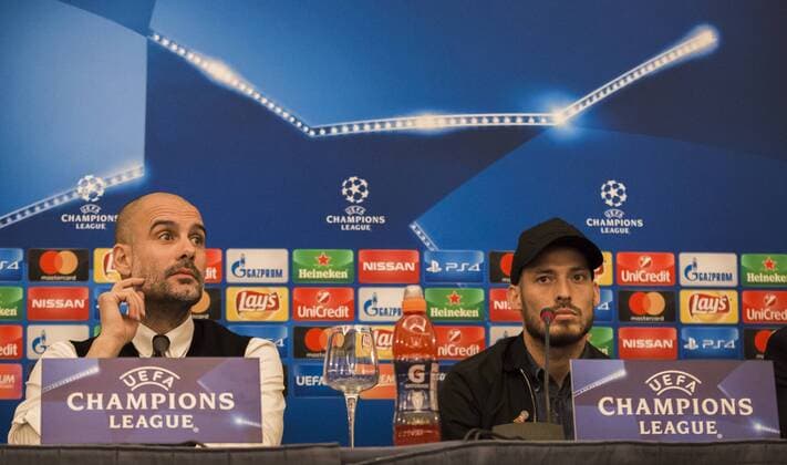 31st October 2017, San Paolo Stadium, Naples, Italy; UEFA Champions League; Pre Match press conference PK Pressekonferenz SSC Napoli versus Manchester City; Midfielder David Silva of Manchester City and Head Coach Josep Guardiola of Manchester City talk during the pre match press conference  ActionPlus11946578