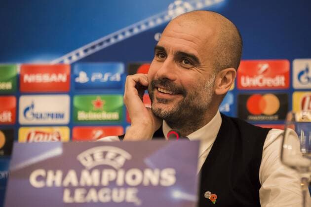 31st October 2017, San Paolo Stadium, Naples, Italy; UEFA Champions League; Pre Match press conference PK Pressekonferenz SSC Napoli versus Manchester City; Head Coach Josep Guardiola of Manchester City smiles during the pre match press conference  ActionPlus11946583