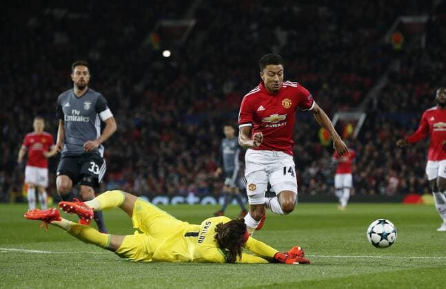 Jesse Lingard of Manchester United ManU attempts to round Mile Svilar of SL Benfica during the Champions League Group A match at the Old Trafford Stadium, Manchester. Picture date: October 31st 2017. Picture credit should read: Andrew Yates Sportimage EDITORIAL USE ONLY. No use with unauthorised audio, video, data, fixture lists, club league logos or live services. Online in-match use limited to 120 images, no video emulation. No use in betting, games or single club league player publications.