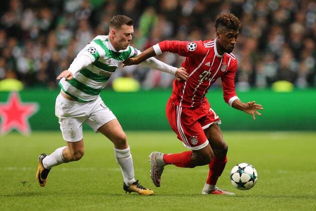 In action with Callum McGregor 42 Celtic Glasgow and Kingsley Coman 29 Bayern Munich Celtic Glasgow vs Bayern Munich Football Preliminary Round Champions League 31 10 2017 Glasgow Glasgow Scotland Copyright: xkolbert-press ChristianxKolbertx