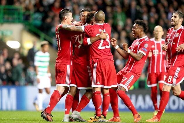 James Rodriguez FC Bayern Munich 11 Kingsley Coman FC Bayern Munich 29 Arturo Vidal FC Bayern Munich 23 David Alaba Bayern Munich 27 Jubilee after 0 1 Celtic FC vs Bayern Munich Champions League Football 31 10 2017 Glasgow Copyright: xLanger Eibner-Pressefotox EP_HLR