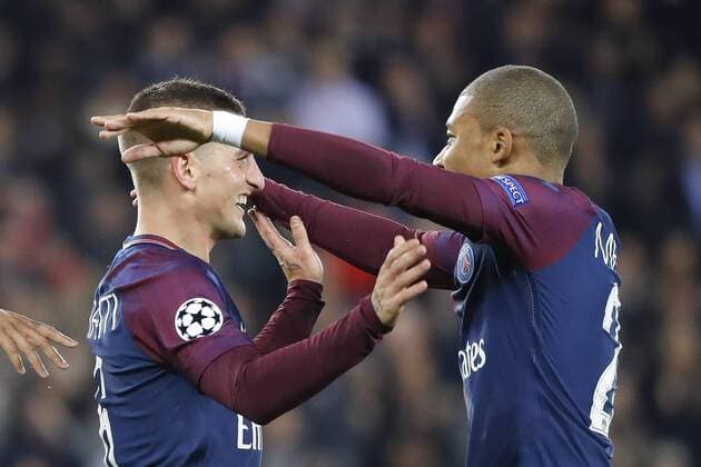 Marco Verratti psg inscrit le premier but joie avec Kylian Mbappe PSG Neymar da Silva Santos Junior Neymar Jr PSG Julian Draxler PSG Edinson Roberto Paulo Cavani Gomez psg El Matador El Botija Florestan UroÅ¡s Spajic RSC Anderlecht FOOTBALL PARIS SG v ANDERLECHT UEFA CHAMPIONS LEAGUE 31 10 2017 StephaneAllaman Panoramic 