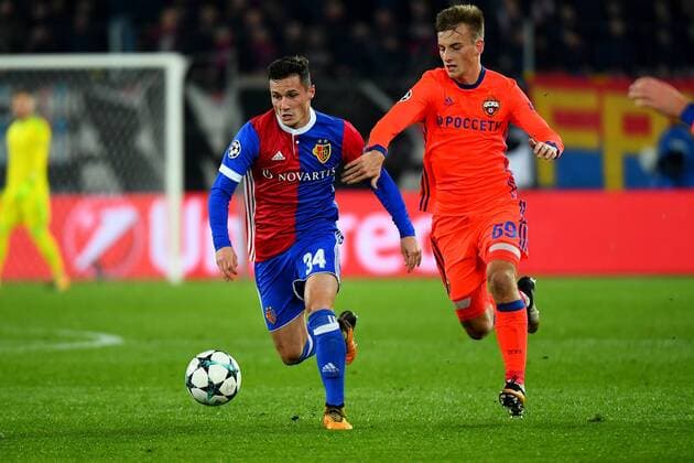 31st October 2017, St Jakob-Park, Basel, Switzerland; UEFA Champions League, FC Basel versus CSKA Moscow; Konstantin Kuchaev of CSKA Moscow challenges Taulant Xhaka of FC Basel for the ball  ActionPlus11946661