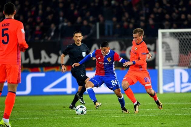 31st October 2017, St Jakob-Park, Basel, Switzerland; UEFA Champions League, FC Basel versus CSKA Moscow; Konstantin Kuchaev of CSKA Moscow challenges Mohamed Elyounoussi of FC Basel for the ball  ActionPlus11946662