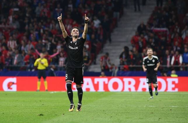 Madrid Spain 31th October 2017 Michel forward from QarabaÄü FK celebrating after scoring during UEFA Champions League group stage matchday 3 against Atletico de Madrid at Wanda Metropolitano Photo by Ivan Abanades Medina Cordon Press  xIvanxAbanadesxMedinax xAtleticoxdexMadridx-xQarabaÄüxFKx